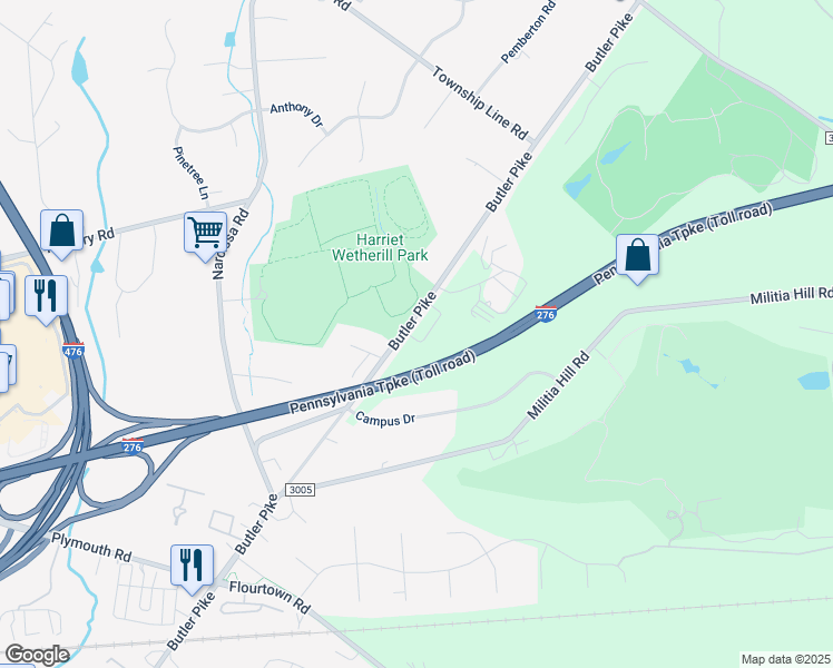 map of restaurants, bars, coffee shops, grocery stores, and more near 3 Dickinson Lane in Plymouth Meeting