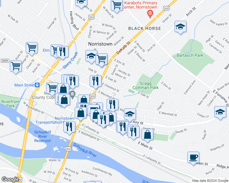 map of restaurants, bars, coffee shops, grocery stores, and more near 242 East Chestnut Street in Norristown