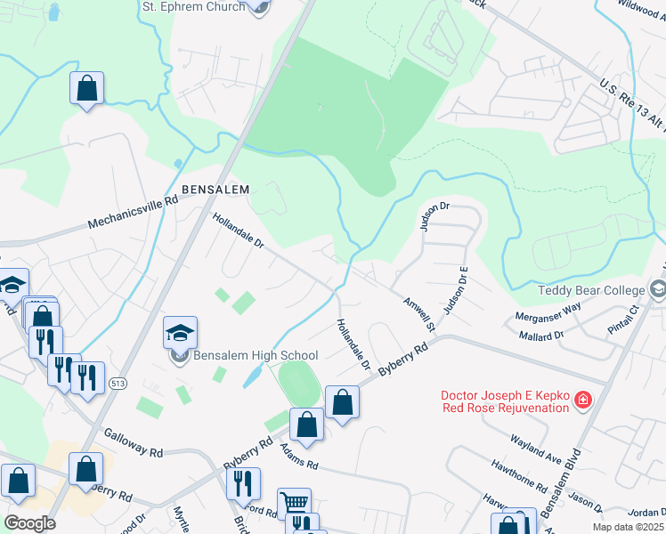 map of restaurants, bars, coffee shops, grocery stores, and more near 1702 Julie Court in Bensalem