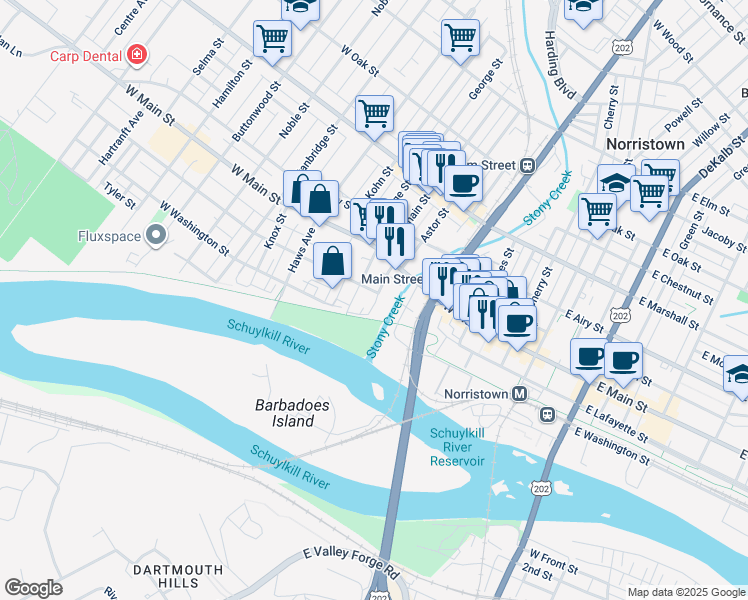 map of restaurants, bars, coffee shops, grocery stores, and more near 119 Pearl Street in Norristown