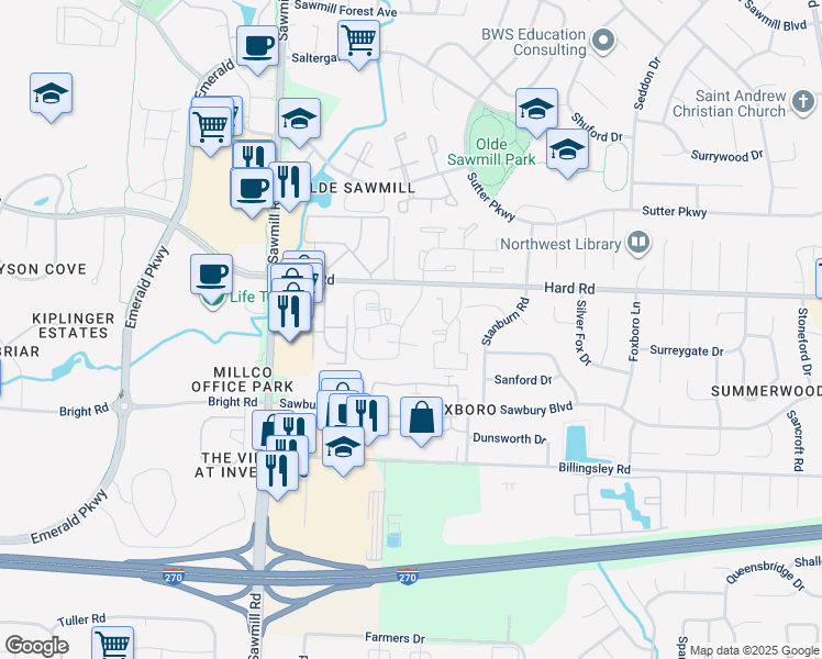 map of restaurants, bars, coffee shops, grocery stores, and more near 2645 Hard Road in Columbus