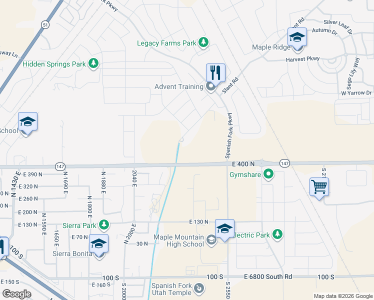 map of restaurants, bars, coffee shops, grocery stores, and more near 6223 Slant Road in Spanish Fork