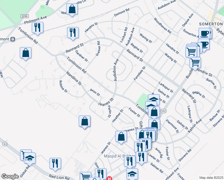 map of restaurants, bars, coffee shops, grocery stores, and more near 408 Tomlinson Road in Philadelphia