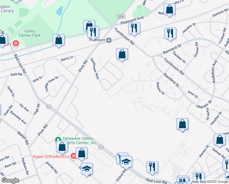 map of restaurants, bars, coffee shops, grocery stores, and more near 10602 Lockart Road in Philadelphia