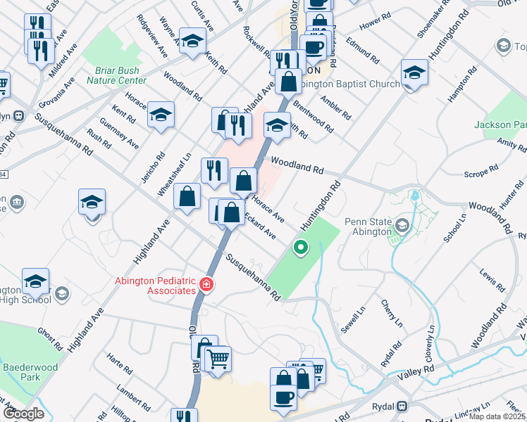 map of restaurants, bars, coffee shops, grocery stores, and more near 1836 Horace Avenue in Abington