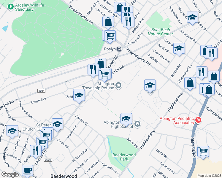 map of restaurants, bars, coffee shops, grocery stores, and more near 2201 Florey Lane in Abington
