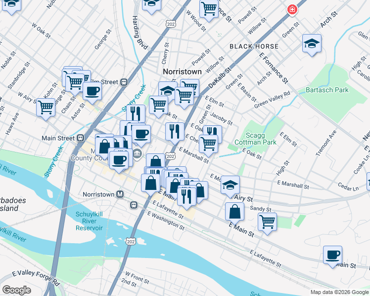 map of restaurants, bars, coffee shops, grocery stores, and more near 217 East Marshall Street in Norristown