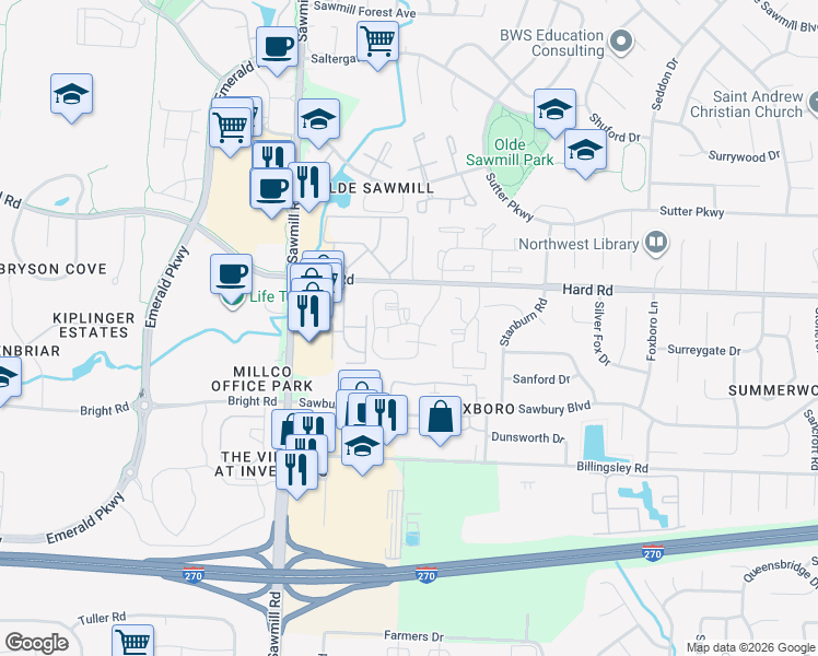 map of restaurants, bars, coffee shops, grocery stores, and more near 7872 Gilston Court in Columbus