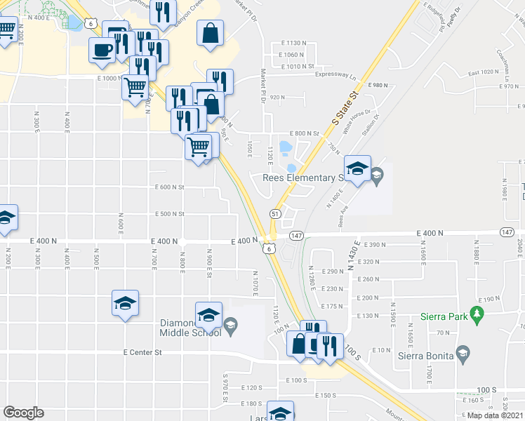 map of restaurants, bars, coffee shops, grocery stores, and more near 537 Lynnbrook Drive in Spanish Fork