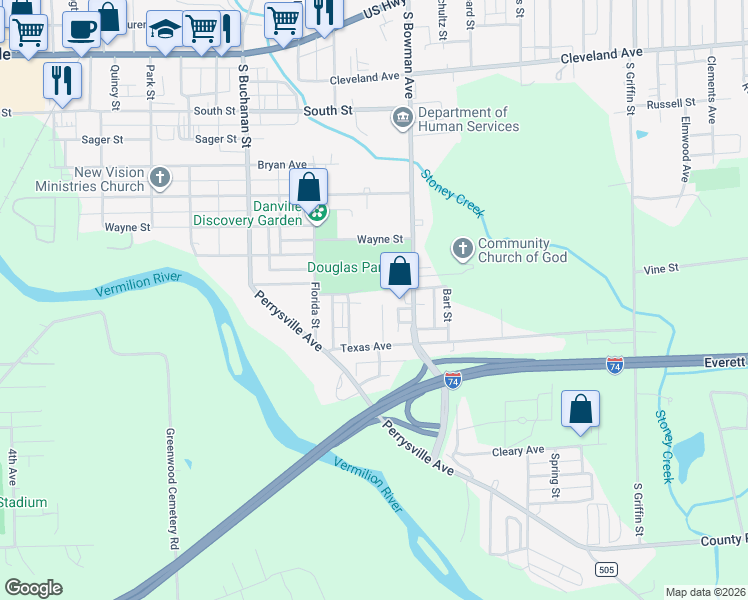map of restaurants, bars, coffee shops, grocery stores, and more near 800-898 Texas Place in Danville