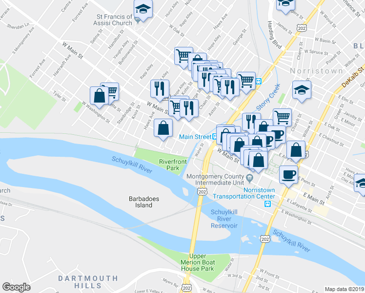 map of restaurants, bars, coffee shops, grocery stores, and more near 119 Pearl Street in Norristown