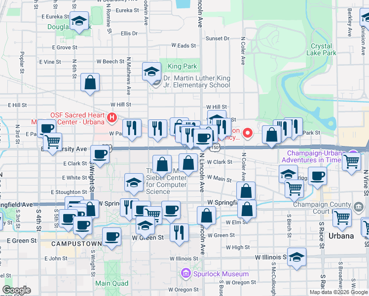 map of restaurants, bars, coffee shops, grocery stores, and more near 1003 West University Avenue in Urbana