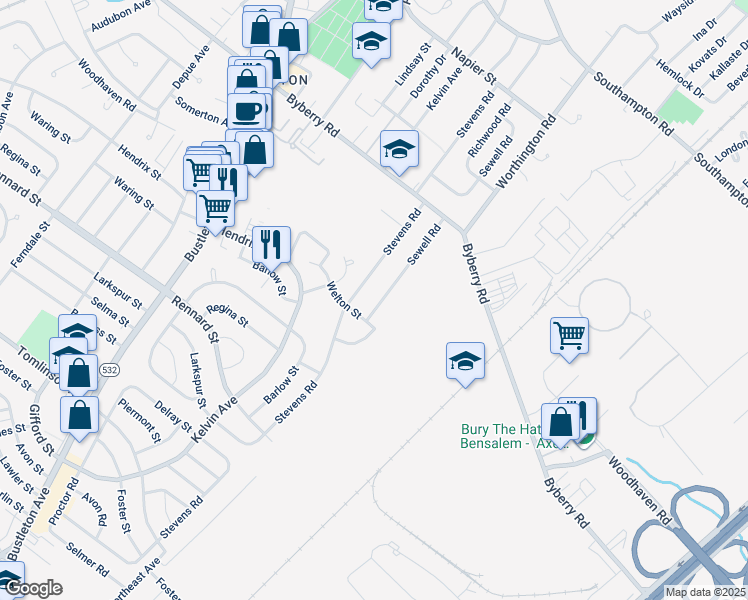 map of restaurants, bars, coffee shops, grocery stores, and more near 12006 Sewell Road in Philadelphia