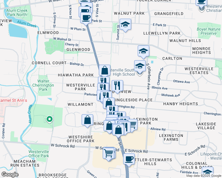 map of restaurants, bars, coffee shops, grocery stores, and more near 381 Crescent Court in Westerville