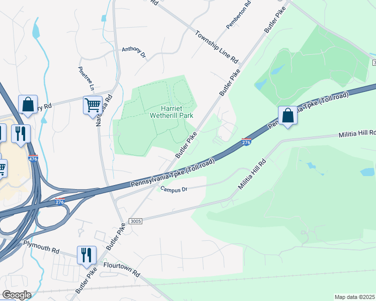 map of restaurants, bars, coffee shops, grocery stores, and more near 3 Dickinson Lane in Plymouth Meeting