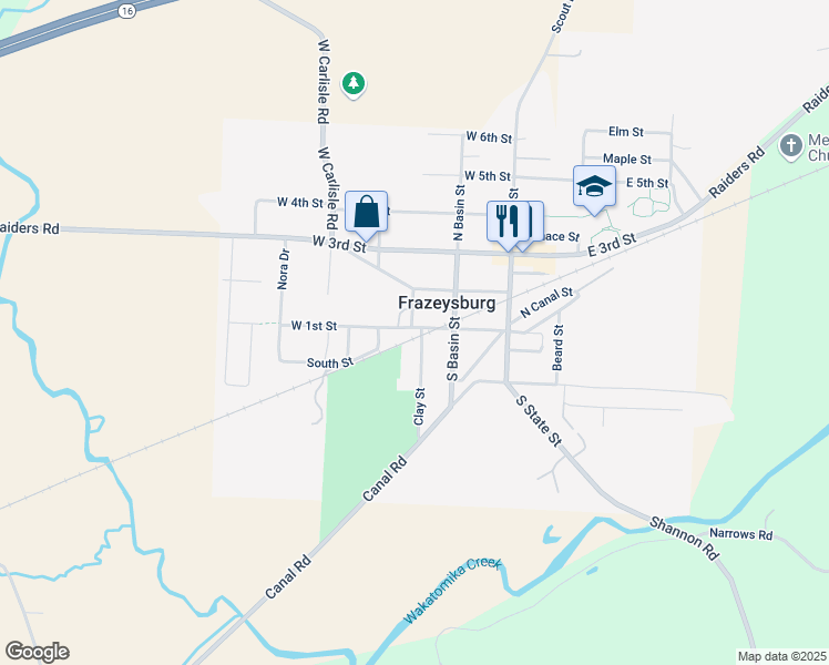 map of restaurants, bars, coffee shops, grocery stores, and more near 67 Clay Street in Frazeysburg