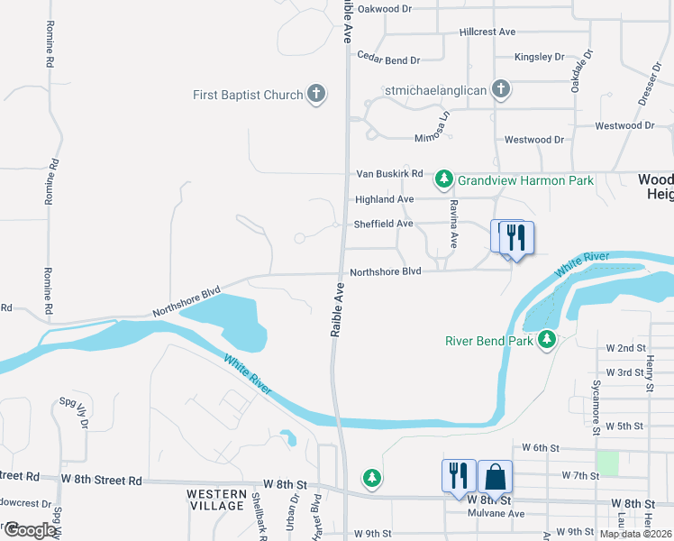 map of restaurants, bars, coffee shops, grocery stores, and more near 2541 North Shore Boulevard in Anderson