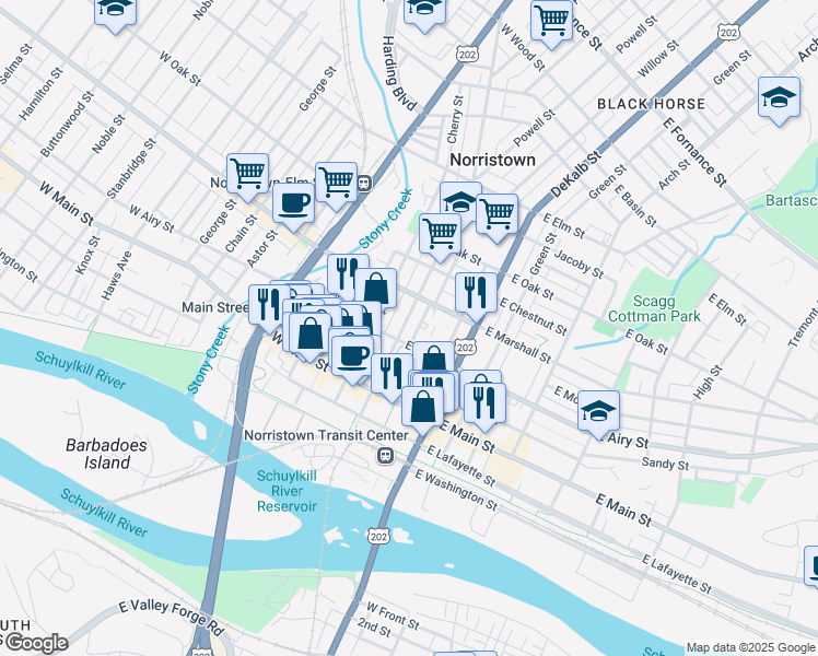 map of restaurants, bars, coffee shops, grocery stores, and more near 504 Swede Street in Norristown