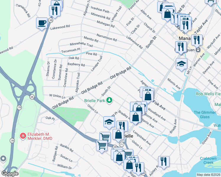 map of restaurants, bars, coffee shops, grocery stores, and more near 404 South Street in Brielle