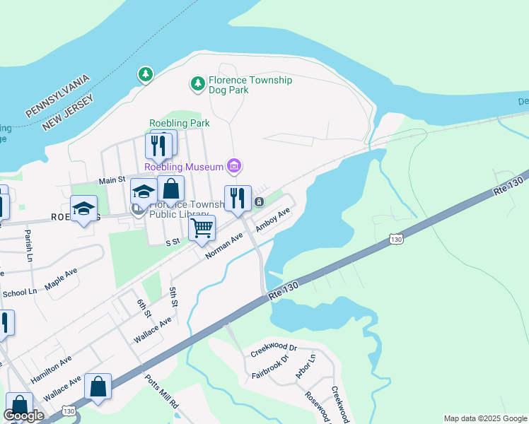 map of restaurants, bars, coffee shops, grocery stores, and more near 33 Railroad Avenue in Florence
