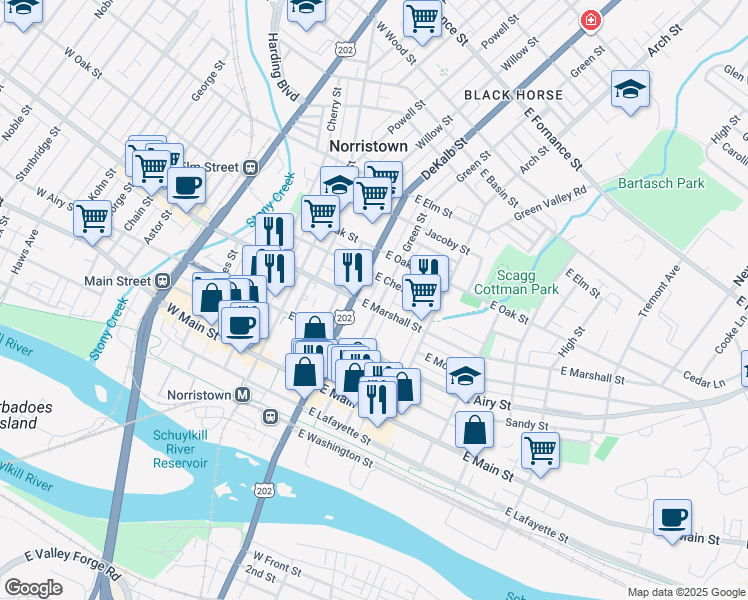 map of restaurants, bars, coffee shops, grocery stores, and more near 217 East Marshall Street in Norristown