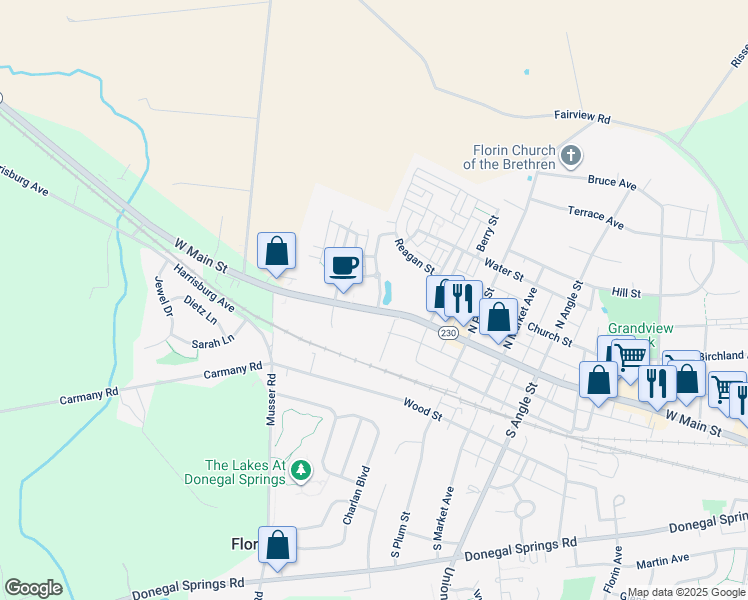 map of restaurants, bars, coffee shops, grocery stores, and more near 104 Merchant Avenue in Mount Joy