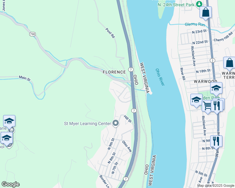 map of restaurants, bars, coffee shops, grocery stores, and more near 625 Ivy Lane in Martins Ferry