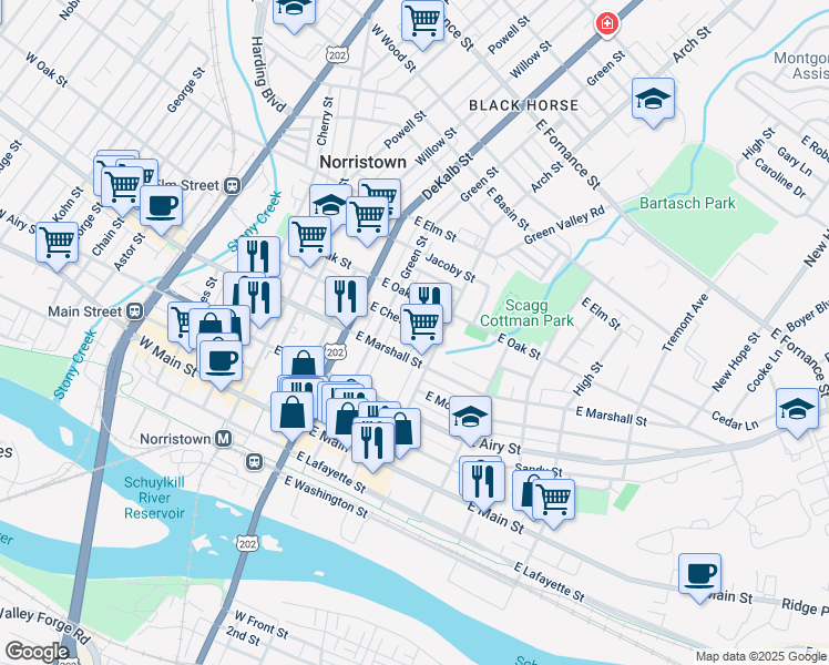 map of restaurants, bars, coffee shops, grocery stores, and more near 242 East Chestnut Street in Norristown