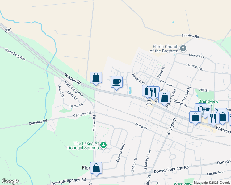 map of restaurants, bars, coffee shops, grocery stores, and more near 1013 West Main Street in Mount Joy