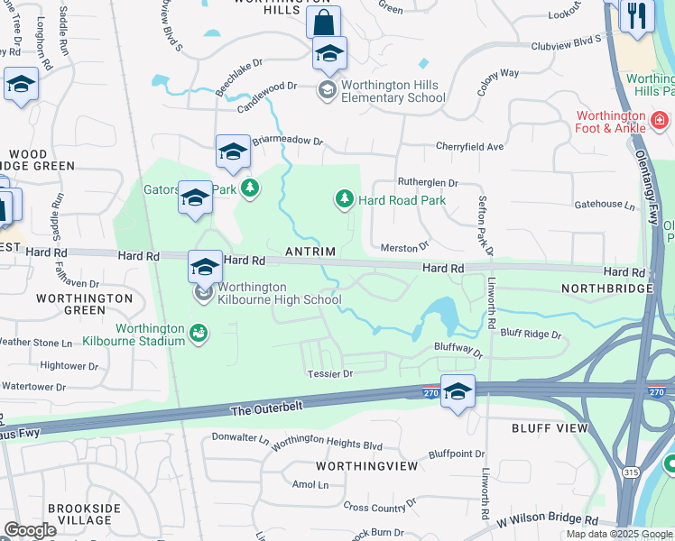 map of restaurants, bars, coffee shops, grocery stores, and more near 1221 Calum Court in Columbus