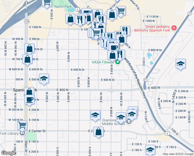 map of restaurants, bars, coffee shops, grocery stores, and more near 691 East 500 North in Spanish Fork