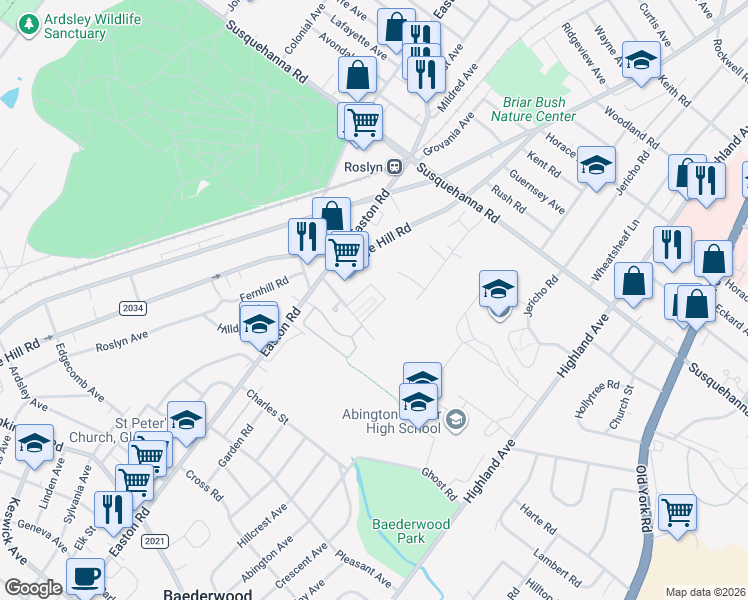 map of restaurants, bars, coffee shops, grocery stores, and more near 2201 Florey Lane in Abington