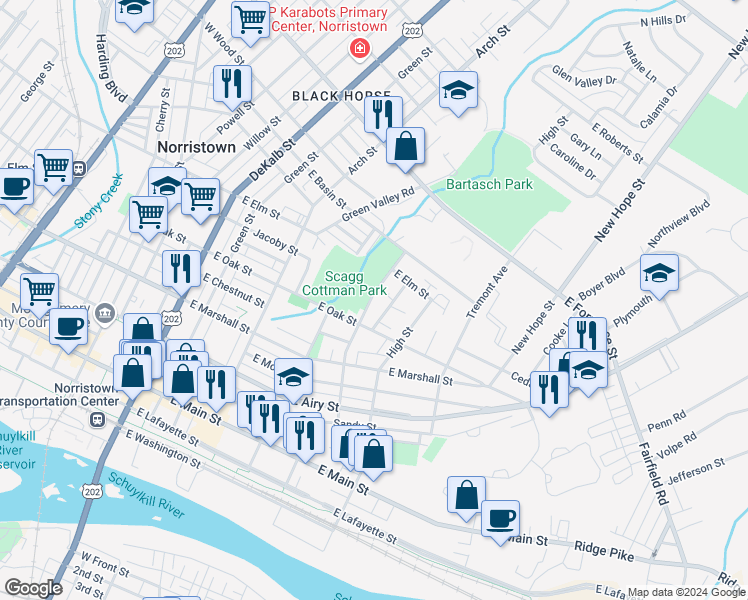 map of restaurants, bars, coffee shops, grocery stores, and more near 832 Violet Street in Norristown