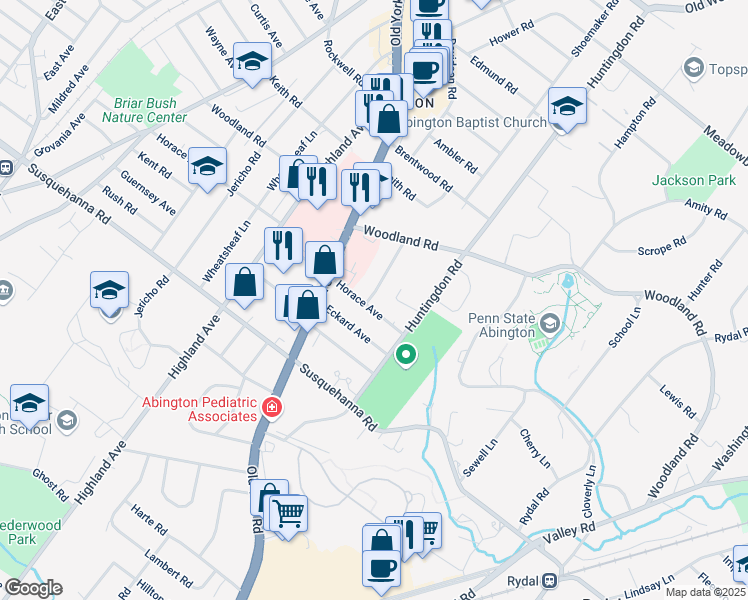 map of restaurants, bars, coffee shops, grocery stores, and more near 1836 Horace Avenue in Abington