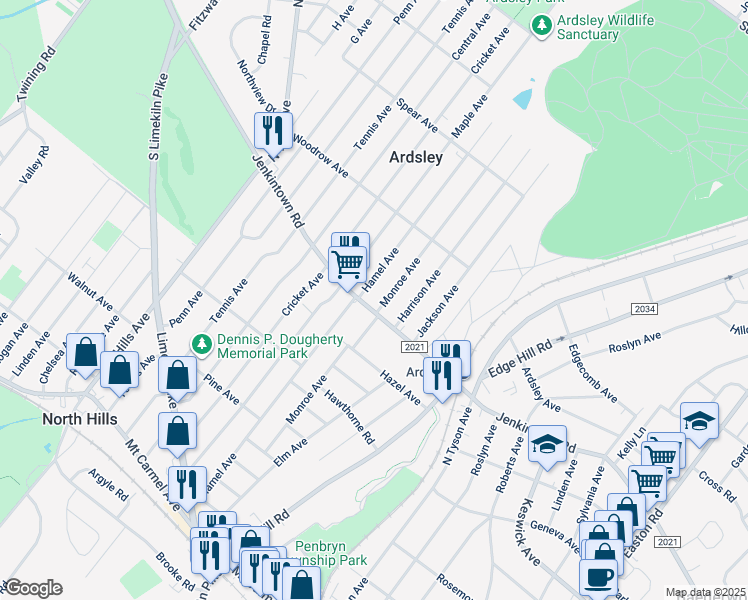 map of restaurants, bars, coffee shops, grocery stores, and more near 2747 Jenkintown Road in Glenside