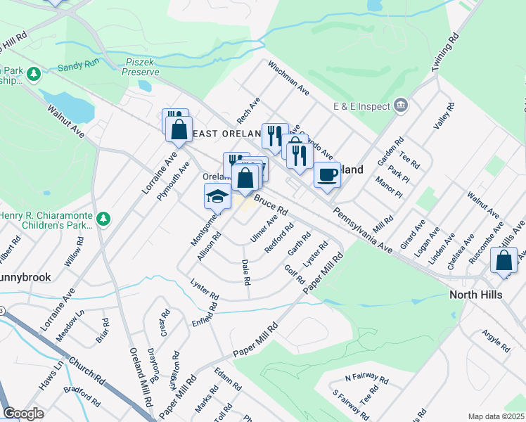 map of restaurants, bars, coffee shops, grocery stores, and more near 120 Clement Road in Oreland