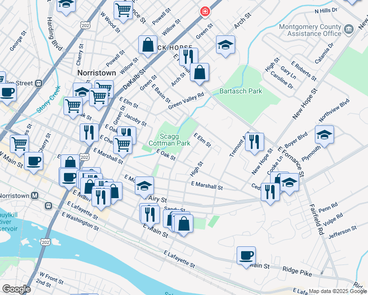 map of restaurants, bars, coffee shops, grocery stores, and more near 832 Violet Street in Norristown