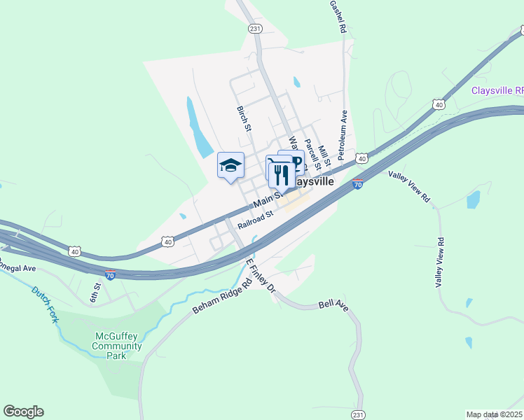 map of restaurants, bars, coffee shops, grocery stores, and more near 141 Railroad Street in Claysville
