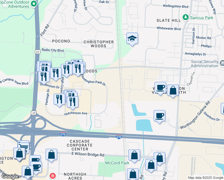 map of restaurants, bars, coffee shops, grocery stores, and more near 7450 Huntington Park Drive in Columbus