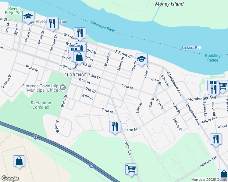 map of restaurants, bars, coffee shops, grocery stores, and more near 540 Spruce Street in Florence Township