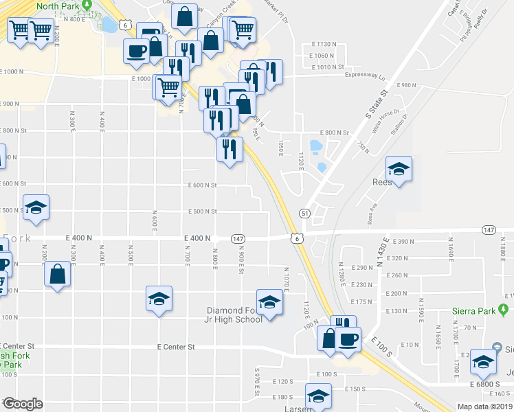 map of restaurants, bars, coffee shops, grocery stores, and more near 519 North 970 East in Spanish Fork