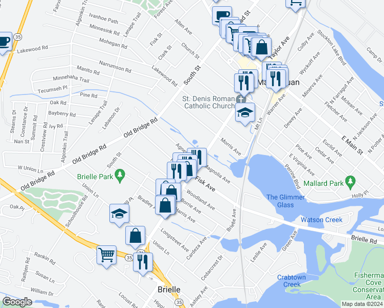 map of restaurants, bars, coffee shops, grocery stores, and more near 608 Agnes Avenue in Brielle