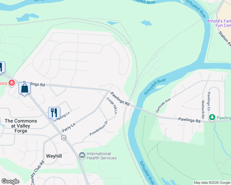 map of restaurants, bars, coffee shops, grocery stores, and more near 137 Forge Hill Lane in Phoenixville