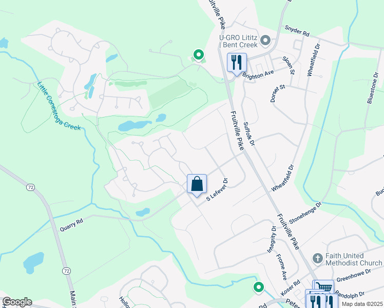 map of restaurants, bars, coffee shops, grocery stores, and more near 1130 North Lefever Drive in Lititz
