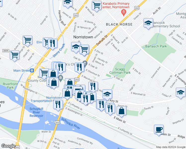 map of restaurants, bars, coffee shops, grocery stores, and more near 230 East Chestnut Street in Norristown