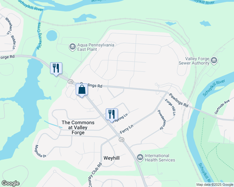 map of restaurants, bars, coffee shops, grocery stores, and more near 45 Guilford Circle in Phoenixville