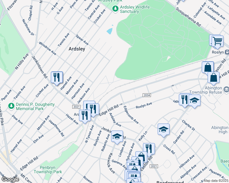 map of restaurants, bars, coffee shops, grocery stores, and more near 640 North Tyson Avenue in Glenside
