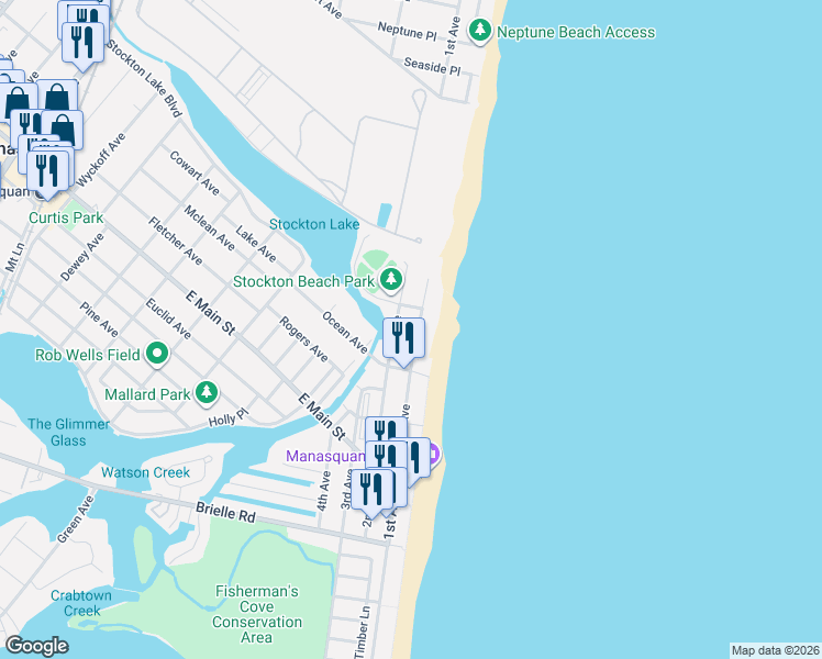 map of restaurants, bars, coffee shops, grocery stores, and more near 76 2nd Avenue in Manasquan
