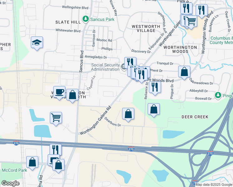 map of restaurants, bars, coffee shops, grocery stores, and more near 7500 Worthington Galena Road in Columbus