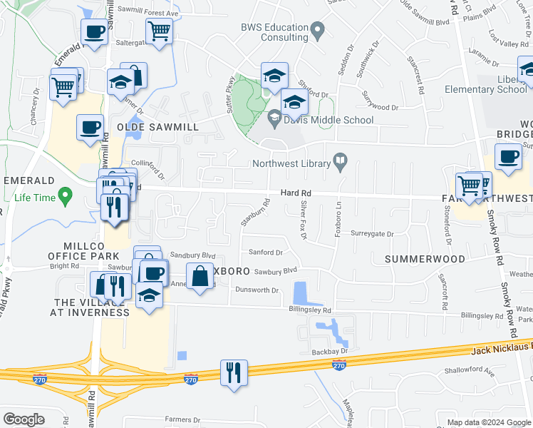 map of restaurants, bars, coffee shops, grocery stores, and more near 2432 Sandstrom Drive in Columbus